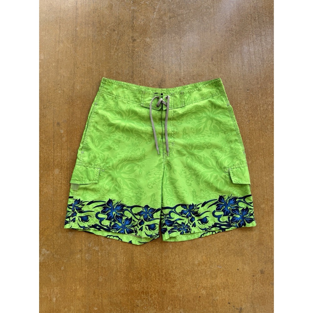VTG Y2K No Boundaries Board Shorts Swim Trunks Surfer Lime Green Flowers 34W